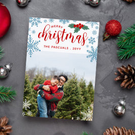 Red Holly Blue Snowflakes Merry Christmas Photo Feiertagskarte