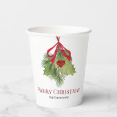 Red Holly Greenery Merry Christmas Custom Pappbecher (Rückseite)