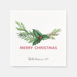 Red Holly Watercolor Bouquet Weihnachtsfest Serviette