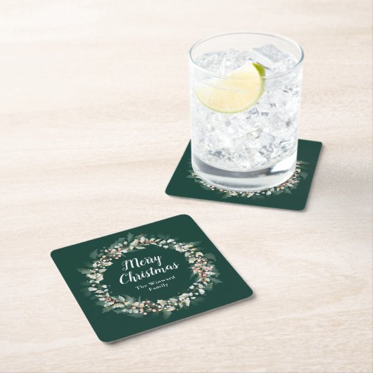 Red Holly Wreath Frohe Weihnachten Rechteckiger Pappuntersetzer (Vor Ort)