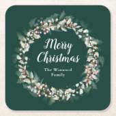 Red Holly Wreath Frohe Weihnachten Rechteckiger Pappuntersetzer (Vorderseite)