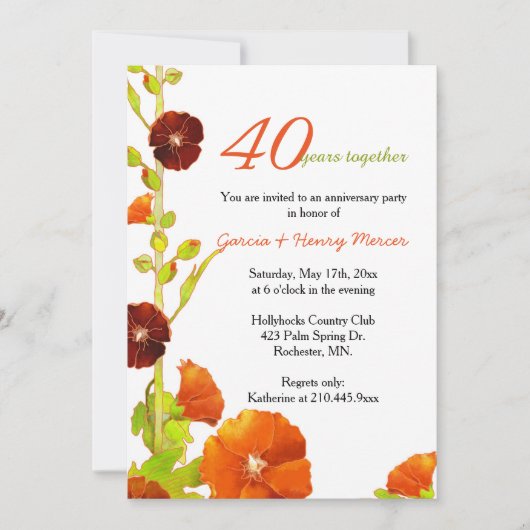 Red Hollyhocks White zum 40. Hochzeitstag Einladung (Vorderseite)