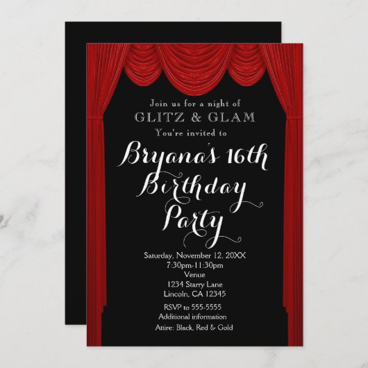 Red HOLLYWOOD Gardinen Elegante Party Einladungen (Vorne/Hinten)