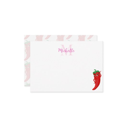 Red Hot Pepper Diva Cute Custom Monogram Mitteilungskarte (Vorderseite/Rückseite Beispiel)