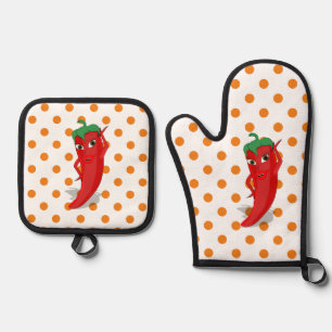 Red Hot Pepper Diva Orange Polka Dots Ofenhandschuh & Topflappen-Set