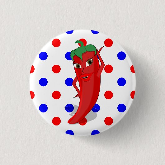 Red Hot Pepper Diva Red Blue Polka Dots Button (Vorderseite)