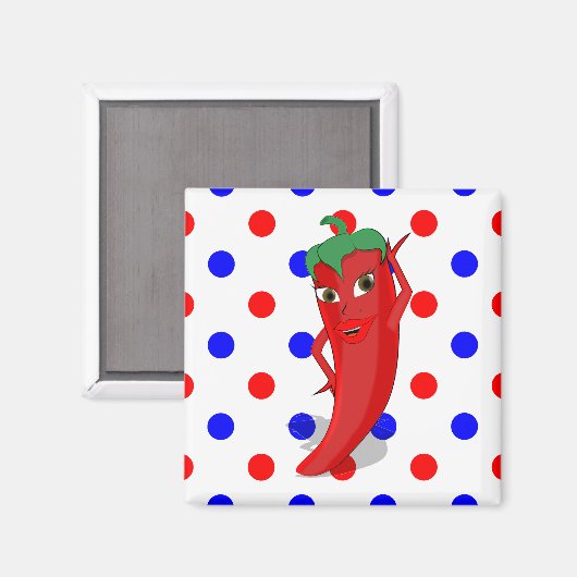 Red Hot Pepper Diva Red Blue Polka Dots Magnet (Vorderseite/Rückseite)