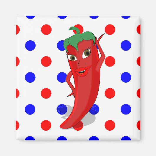 Red Hot Pepper Diva Red Blue Polka Dots Magnet (Vorne)