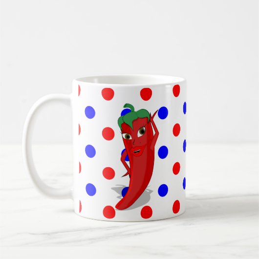 Red Hot Pepper Diva Red Blue Polka Dots Tasse Kaff (Links)