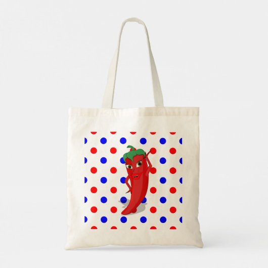 Red Hot Pepper Diva Red Blue Polka Dots Tragetasche (Rückseite)