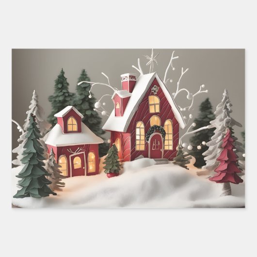 Red House Winter Snow Design Einzigartiges Weihnac Geschenkpapier Set (Vorderseite)
