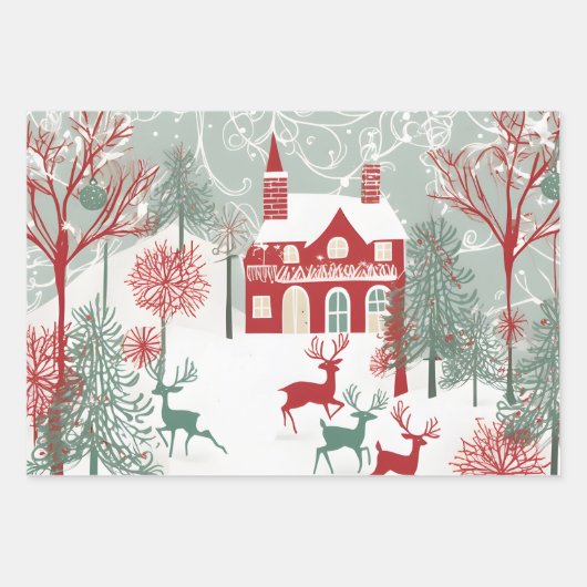 Red House Winter Snow Design Einzigartiges Weihnac Geschenkpapier Set (Vorderseite 3)