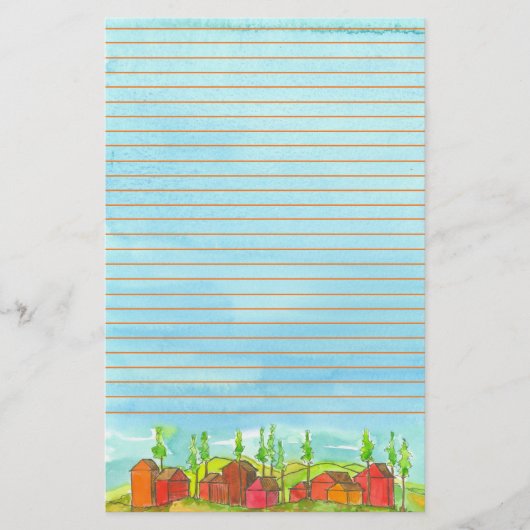 Red Houses Watercolor Lined Briefpapier (Vorderseite)