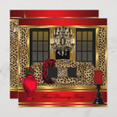 Red Housewarming Party Chandelier Leopard Gold Einladung (Vorne/Hinten)