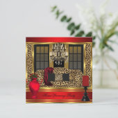 Red Housewarming Party Chandelier Leopard Gold Einladung (Stehend Vorderseite)