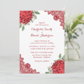 Red Hydrangea Floral Lace Wedding Einladung (Stehend Vorderseite)