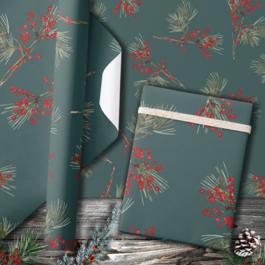 Red Ilex Berries Slate Green Geschenkpapier