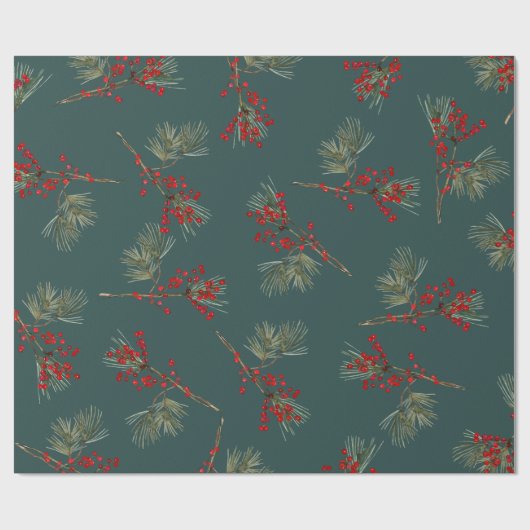Red Ilex Berries Slate Green Geschenkpapier (Flach)