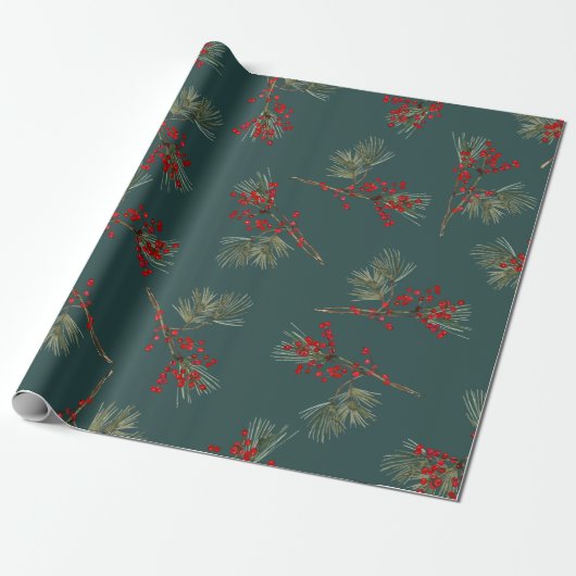 Red Ilex Berries Slate Green Geschenkpapier (Ungerollt)