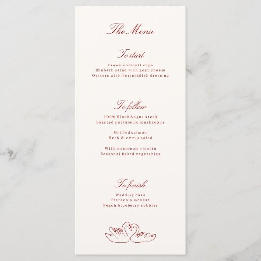 Red Illustrated Swans Whimsical Wedding Menu Menükarte (Vorderseite)