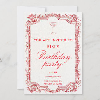 red illustrated vintage birthday party invitation einladung