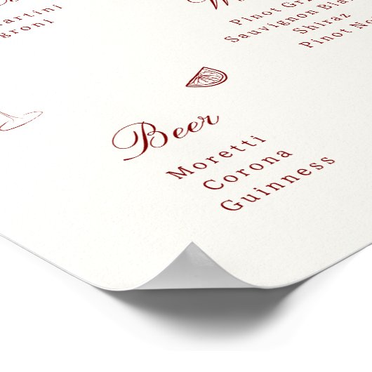 Red Illustrated Whimsical Wedding Bar Menu Poster (Ecke)