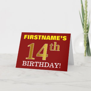 Red, Imitation Gold "14. BIRTHDAY" Geburtstagskart Karte