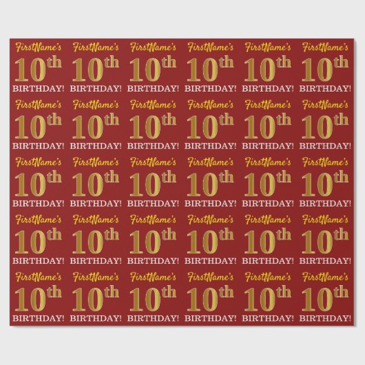 Red, Imitation Gold Look "10. GEBURTSTAG" Geschenkpapier (Flach)