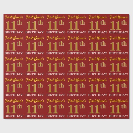Red, Imitation Gold Look "11. GEBURTSTAG" Geschenkpapier (Flach)