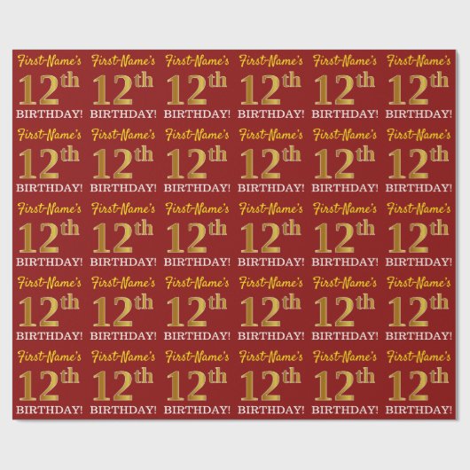 Red, Imitation Gold Look "12. GEBURTSTAG" Geschenkpapier (Flach)