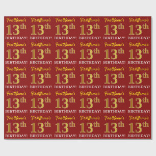 Red, Imitation Gold Look "13. GEBURTSTAG" Geschenkpapier