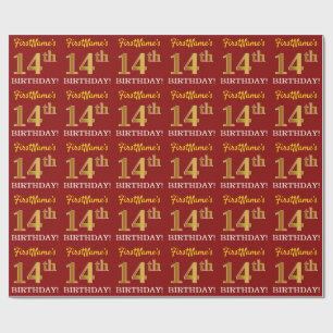 Red, Imitation Gold Look "14. GEBURTSTAG" Geschenkpapier