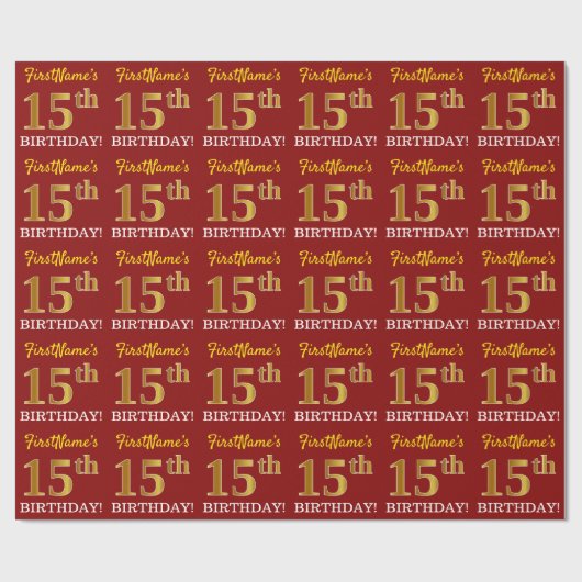 Red, Imitation Gold Look "15. GEBURTSTAG" Geschenkpapier (Flach)