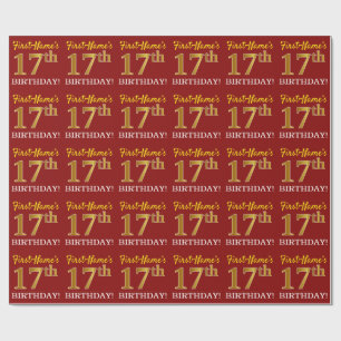 Red, Imitation Gold Look "17. GEBURTSTAG" Geschenkpapier