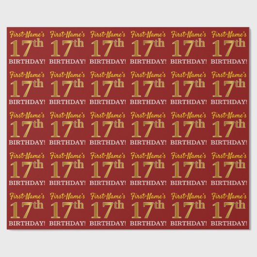Red, Imitation Gold Look "17. GEBURTSTAG" Geschenkpapier (Flach)