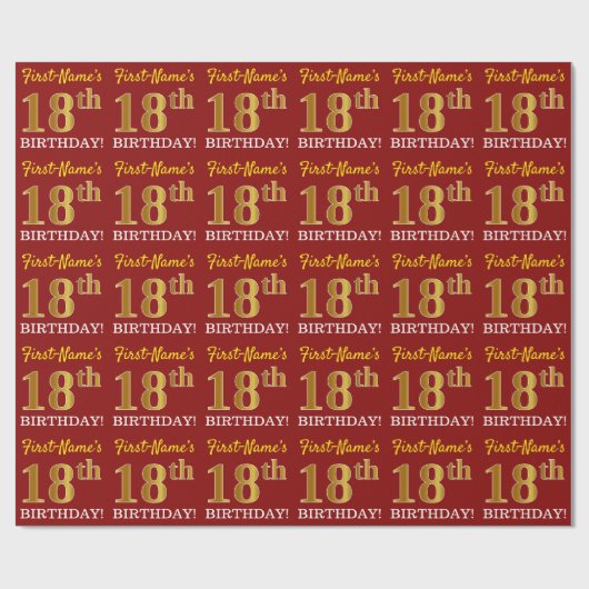 Red, Imitation Gold Look "18. BIRTHDAY" Geschenkpapier (Flach)