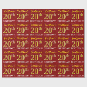 Red, Imitation Gold Look "20. GEBURTSTAG" Geschenkpapier
