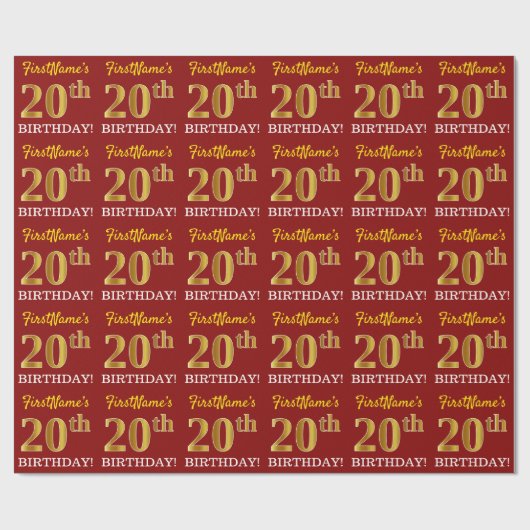Red, Imitation Gold Look "20. GEBURTSTAG" Geschenkpapier (Flach)