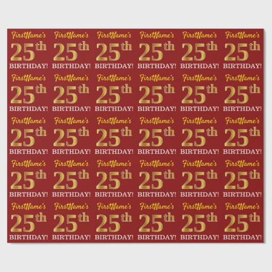 Red, Imitation Gold Look "25. GEBURTSTAG" Geschenkpapier (Flach)