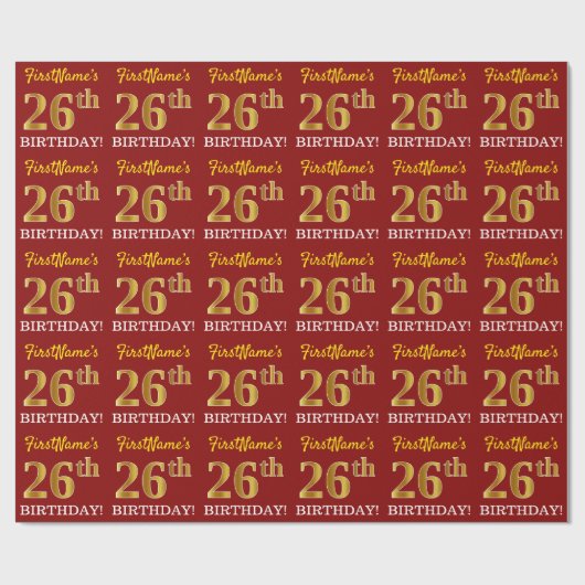Red, Imitation Gold Look "26. GEBURTSTAG" Geschenkpapier (Flach)