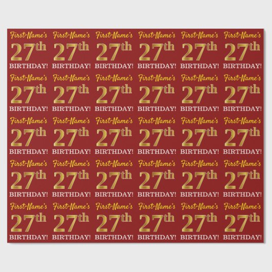 Red, Imitation Gold Look "27. GEBURTSTAG" Geschenkpapier (Flach)