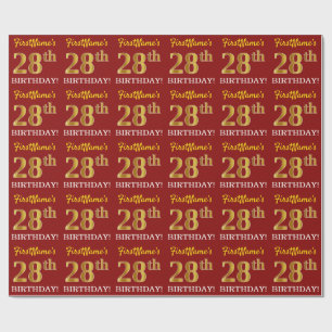 Red, Imitation Gold Look "28. BIRTHDAY" Geschenkpapier