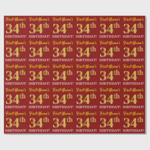 Red, Imitation Gold Look "34. GEBURTSTAG" Geschenkpapier