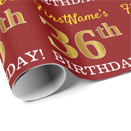 Red, Imitation Gold Look "36. BIRTHDAY" Geschenkpapier (Rolleneckpunkt)