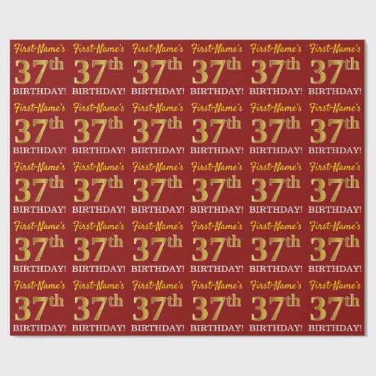 Red, Imitation Gold Look "37. BIRTHDAY" Geschenkpapier (Flach)