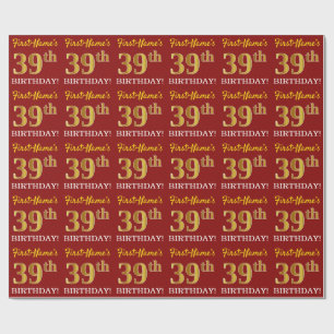 Red, Imitation Gold Look "39. BIRTHDAY" Geschenkpapier