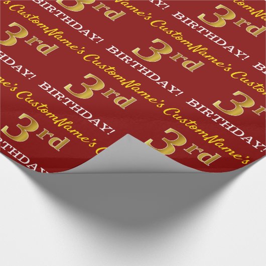 Red, Imitation Gold Look "3. BIRTHDAY" Geschenkpapier (Ecke)