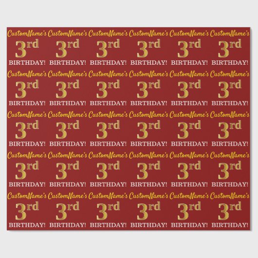 Red, Imitation Gold Look "3. BIRTHDAY" Geschenkpapier (Flach)