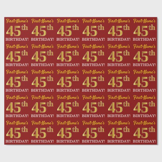 Red, Imitation Gold Look "45. GEBURTSTAG" Geschenkpapier (Flach)