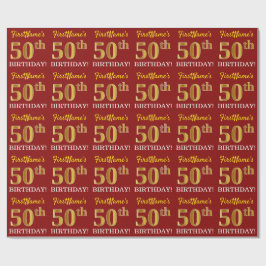 Red, Imitation Gold Look "50. GEBURTSTAG" Geschenkpapier